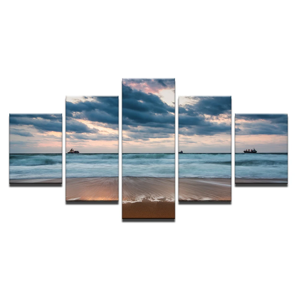 HD Prints Painting Home Decor Canvas Living Room Framework 5 Piece Sea Waves Beach Pictures Cloudy Boat Seascape Poster Wall Art | Дом и сад