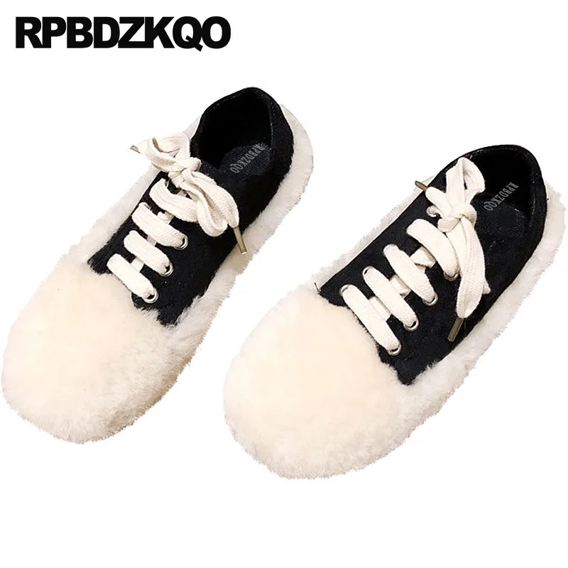 

Female White Latest Chinese Designer Factory Direct Round Toe Fur Women Ladies China Korean Lace Up Beautiful Flats Shoes Black