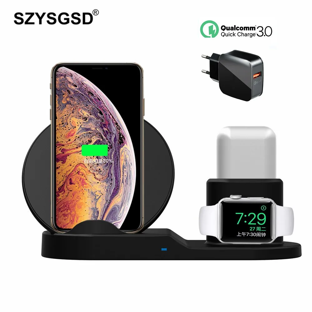 3 в 1 Быстрое беспроводное зарядное устройство для Apple Watch 1 2 3 4 Airpods QI Беспроводное зарядное устройство док-станция для iPhone XR XS MAX
