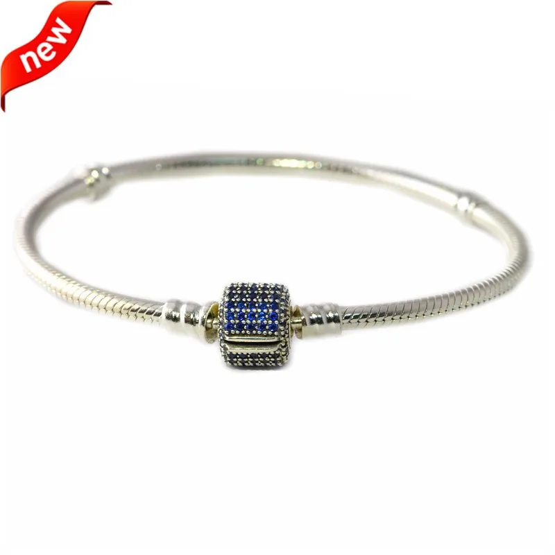 

100% 925 Sterling Silver Moments Bracelet Blue Crystal Signature Clasp Snake Chain Bracelets for Women DIY Charms Jewelry Making