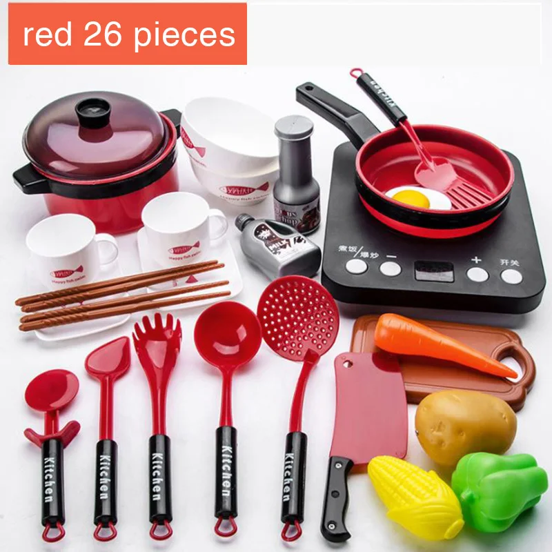 26pieces(red) 17-38 шт., Детский набор кухонных игрушек, кухонная утварь котелок кастрюля, детские игрушки для приготовления пищи, игрушки для игр, набор кухонных игрушек, детские подарки - Цвет: 26pieces(red)