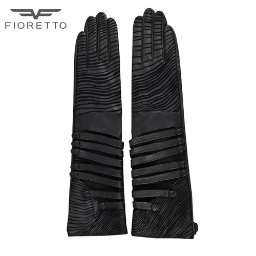 Black Fioretto, женские длинные перчатки, перчатки из натуральной кожи для женщин, женские ремни, в полоску, в стиле панк, длинные митенки, черные, серые, с рисунком зебры - Цвет: Black