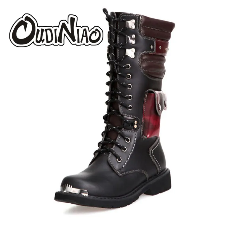 

OUDINIAO Drop Shipping Shoes Men Buckle Lace Up High Combat Boots Fashion Mens Shoes British Metal Military Motorcycle Boots