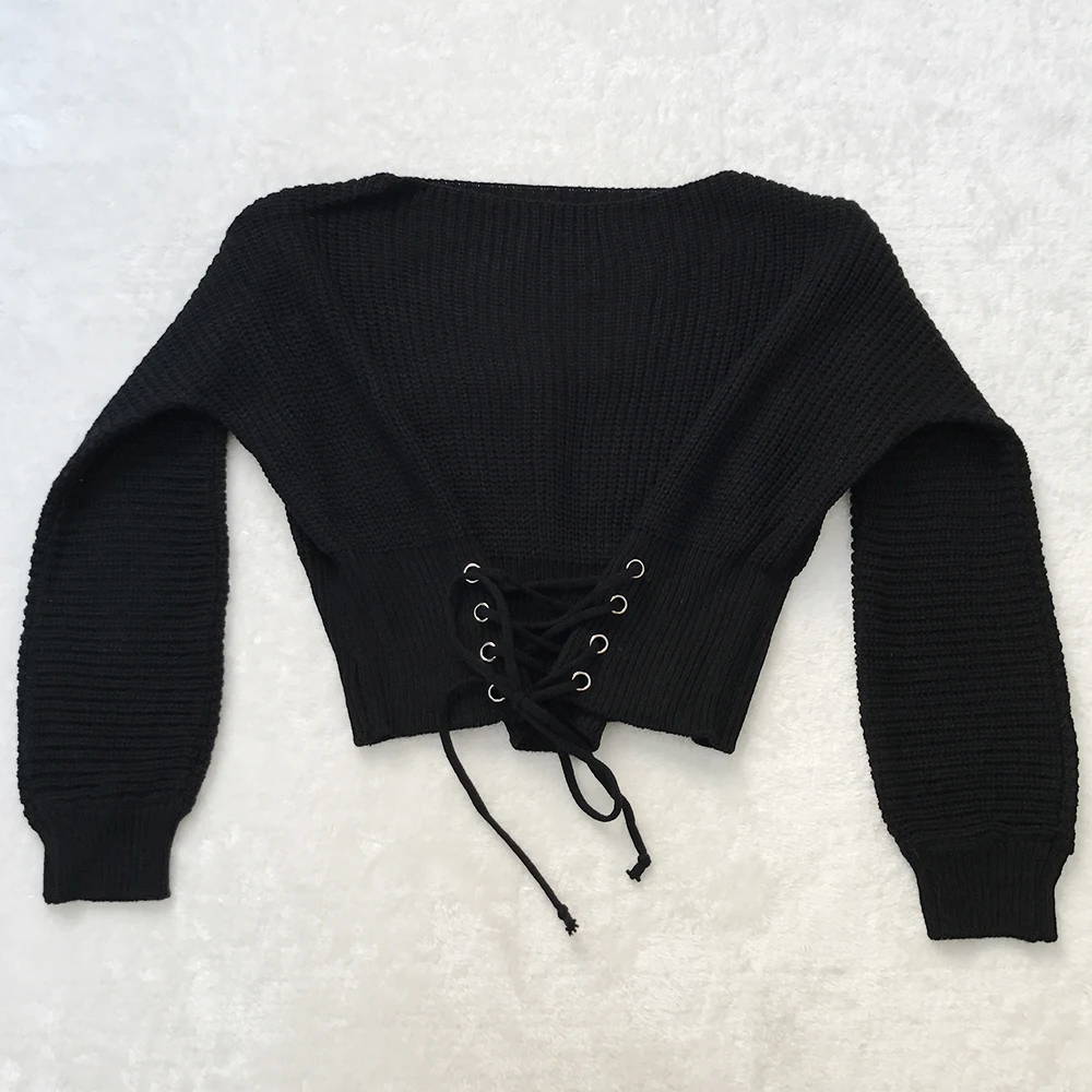 Gaeshow Fashion Lace Up Knitted Pullover Sweater Women Slash Neck Long Sleeve Jumper Autumn Winter Tops Knitting Female | Женская одежда