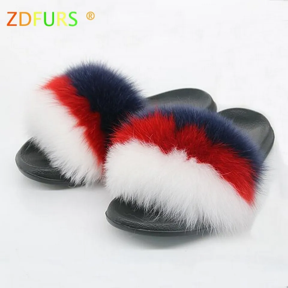 ZDFURS/; Лидер продаж; женские шлепанцы с лисьим мехом; Разноцветные Летние модные шлепанцы; женские меховые домашние Вьетнамки; пляжные сандалии