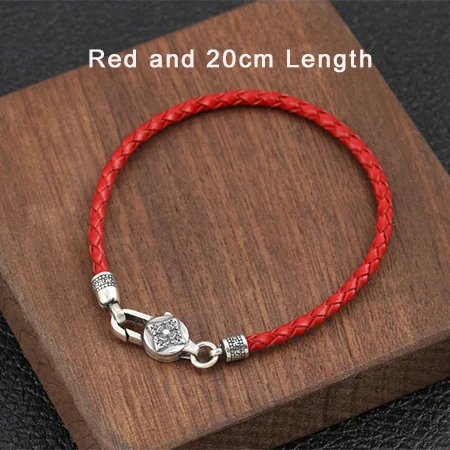 Red and 20cm Length Пара браслетов Будды, серебро 925 пробы, для женщин и мужчин, кожа, красный, черный, веревочный браслет Mantra Vajra, браслет на запястье, ювелирные изделия B21 - Окраска металла: Red and 20cm Length
