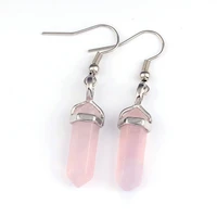 trendy beads silver plated small hexagon column natural rose pink quartz drop earrings for new year jewelry