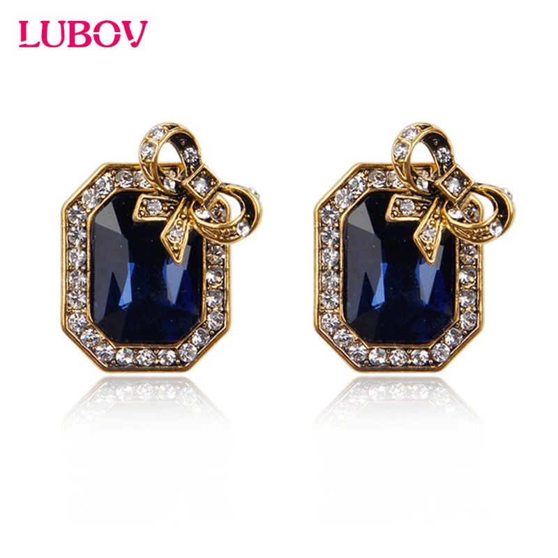 Женские квадратные серьги-гвоздики с бантом красные и синие кристаллами