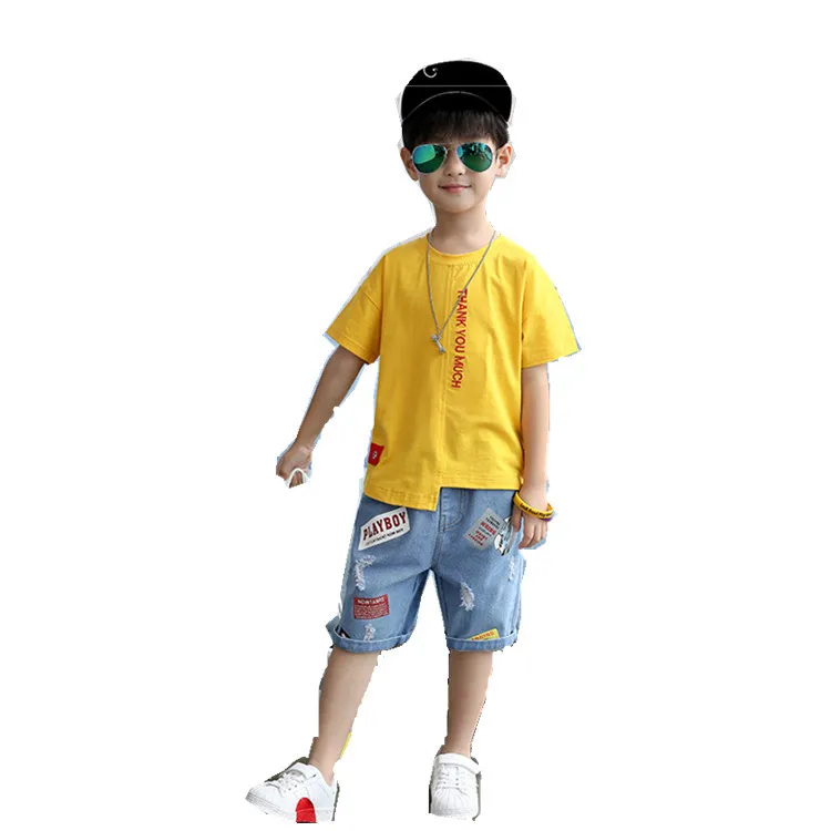 Big Boy Short Sleeve T Shirt+A Pair of Jeans 2pc Sport Sets Summer Children's Clothing Kids New Boys Clothes Suits 3-13Y | Детская
