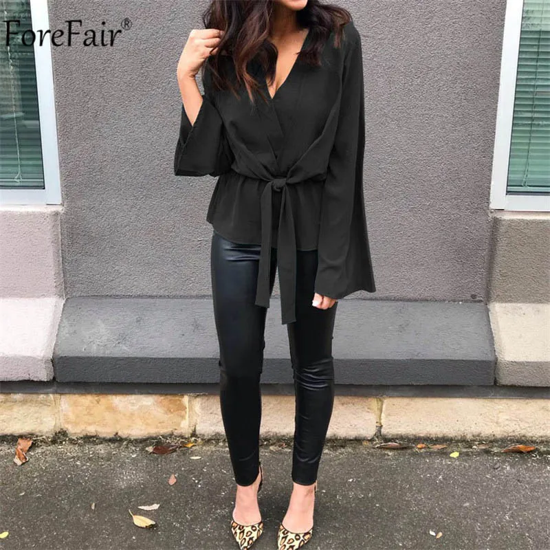 ForeFair Весенние длинные расклешенные рукава V шеи Блузки с лентами зеленые женские летние топы Мода