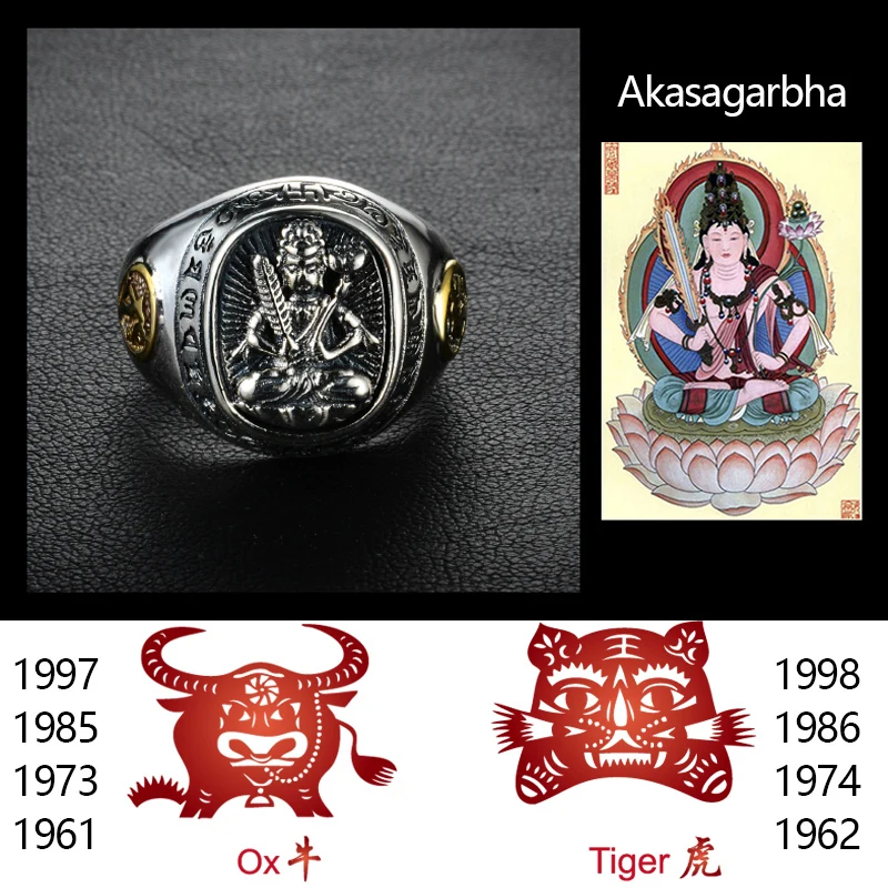 ZABRA Buddha Real 925 Silver Rings For Women Men Chinese Zodiac Patron Saint Vintage Mens Signet Ring Adjustable Biker Jewelry
