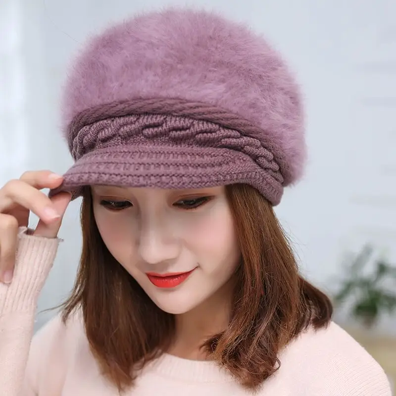 purple Ymsaid, зимняя женская шапка, теплая вязаная шапка, женская шапка из кроличьего меха, осенне-зимняя модная женская шляпа Skullies Beanies - Цвет: purple