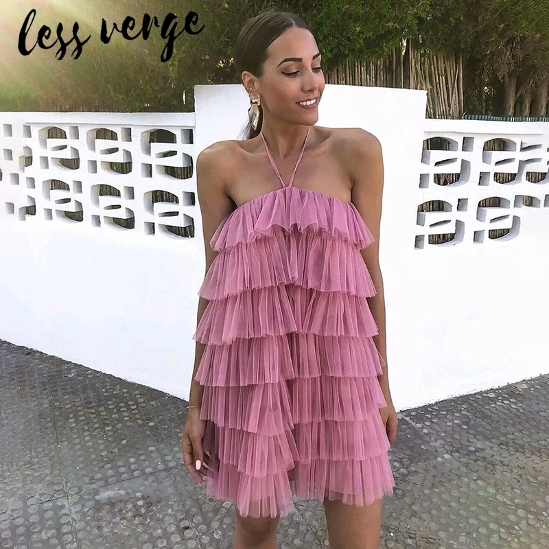 Lessverge Плиссированное многослойное Сетчатое розовое платье сексуальное мини с