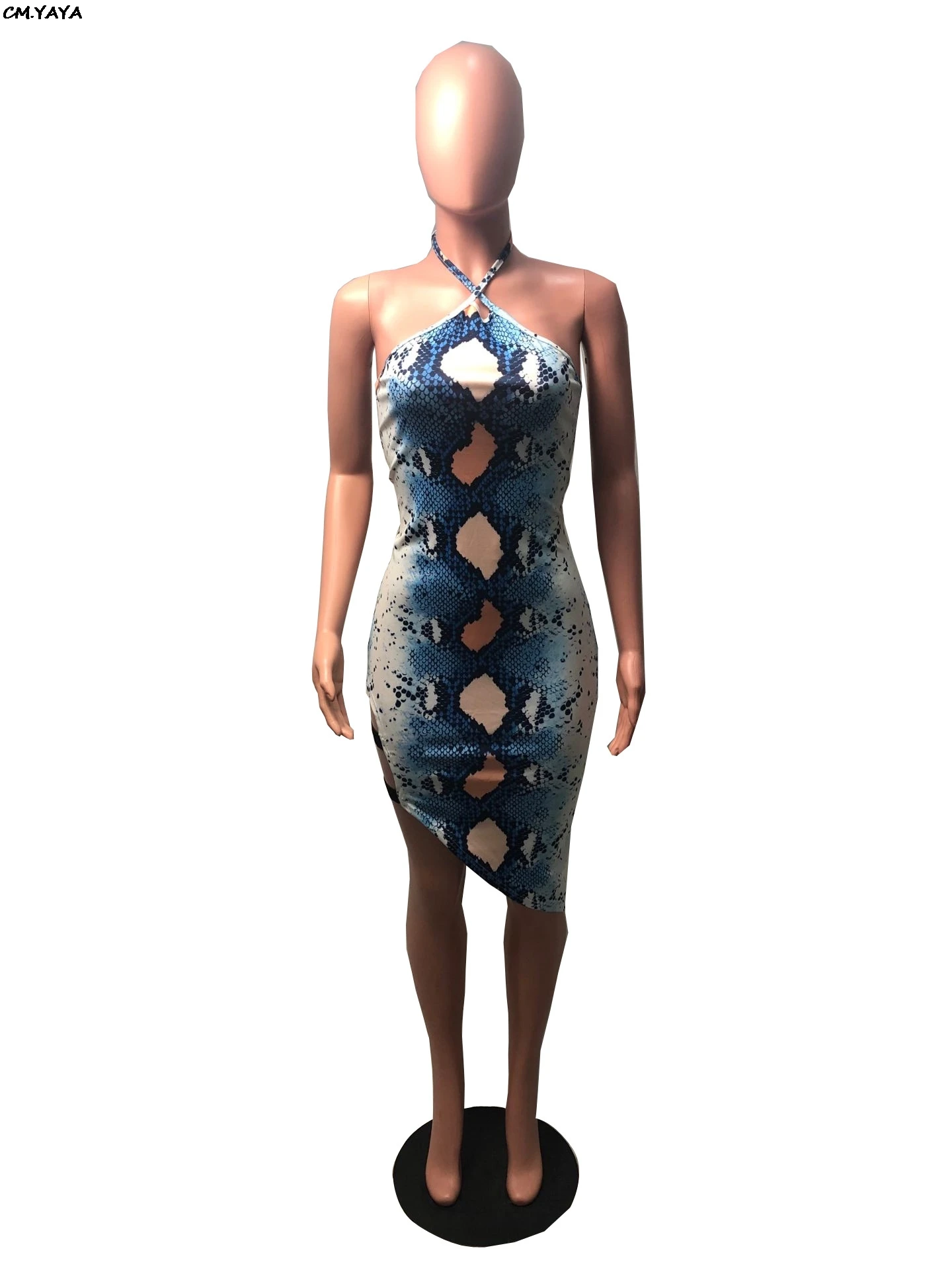 Женское асимметричное облегающее платье средней длины с принтом змеиной кожи