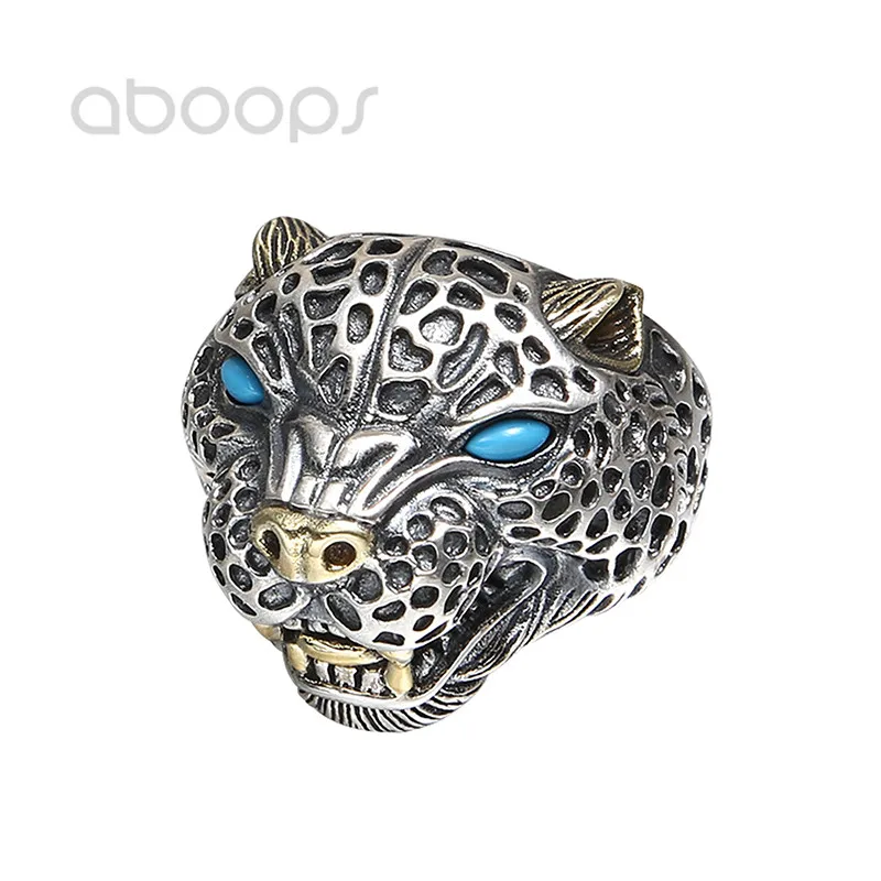 Bicolor 925 Sterling Silver Leopard Head Ring with Red Blue Stone for Men,Adjustable,Free Shipping