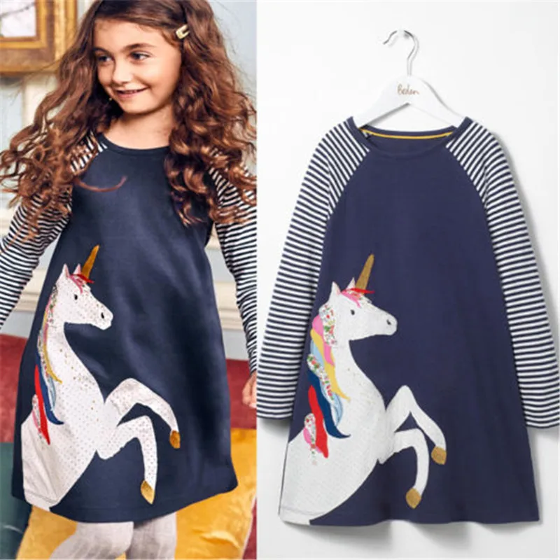 2018 New Fashion Design Princess Kids Baby Girls Long Sleeve Dress Unicorn Striped Clubwear Party Casual Dresses Vestidos | Детская