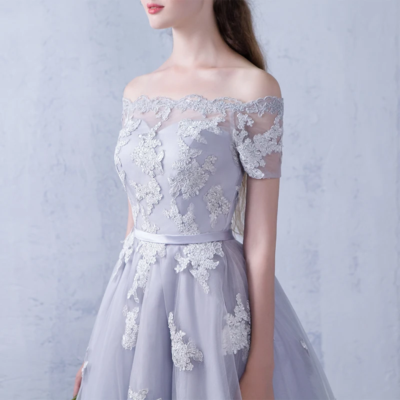 Robe de soiree/серое вечернее платье с вырезом лодочкой на шнуровке коротким передом и