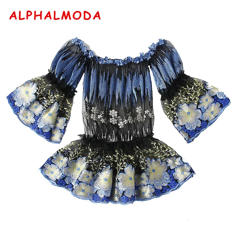 Женская Прозрачная кружевная блузка ALPHALMODA элегантная голубая с цветочным