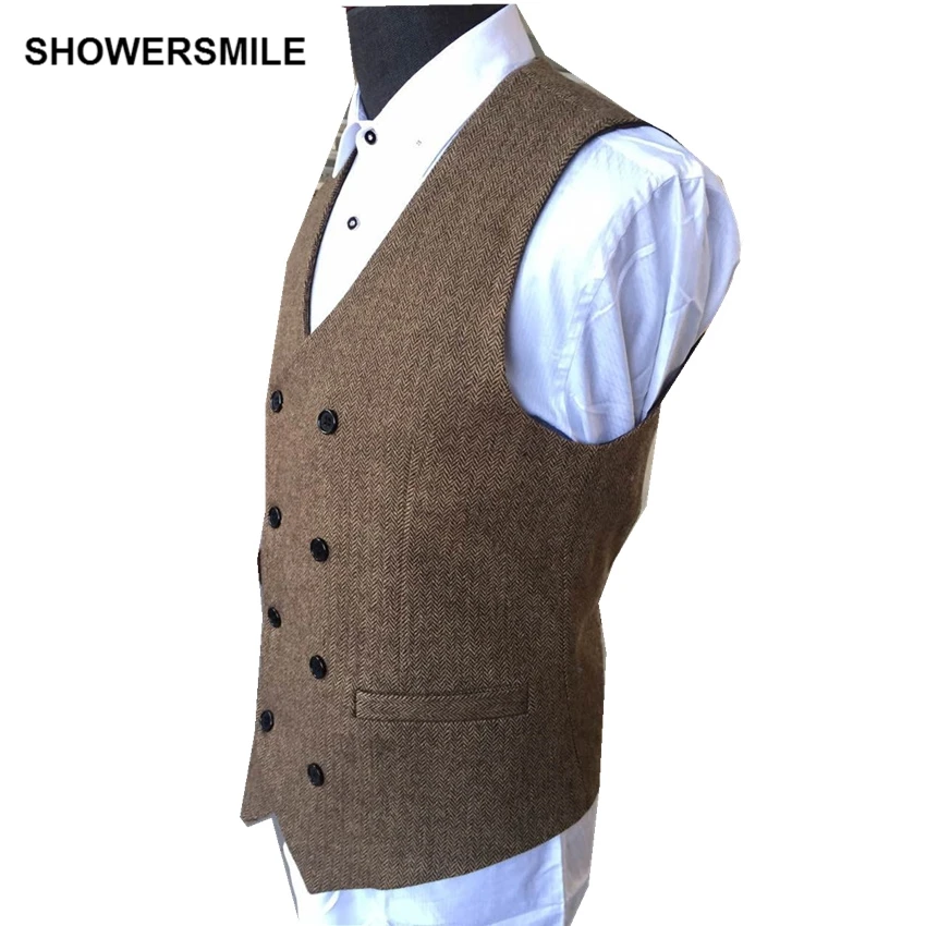 SHOWERSMILE, мужской двубортный жилет, осенне-зимний шерстяной классический приталенный жилет, британский стиль, куртка с узором в елочку