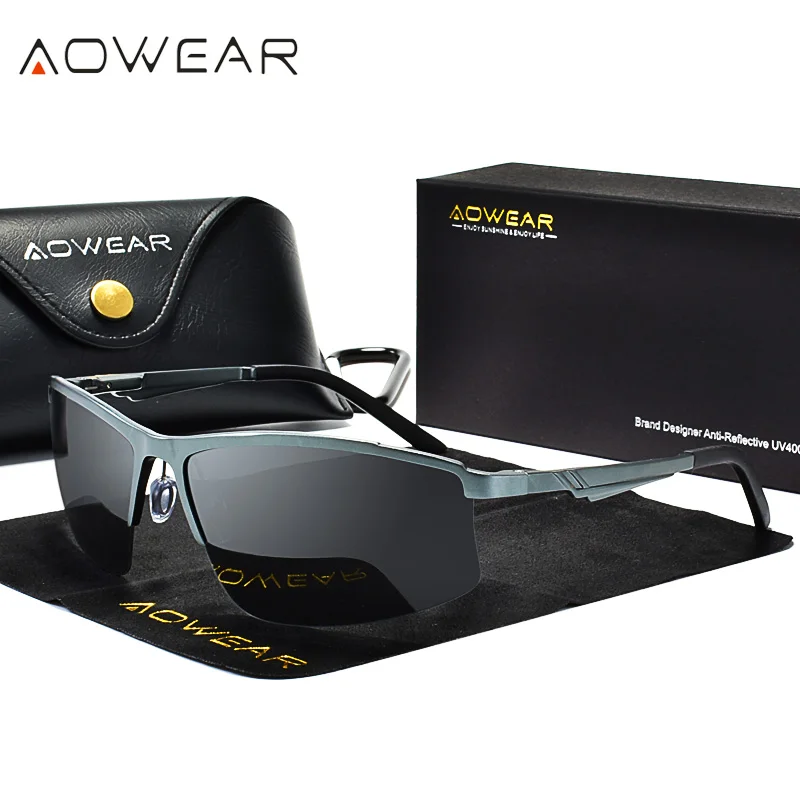 AOWEAR роскошные солнцезащитные очки без оправы мужские Поляризованные алюминиево-магниевые ретро-очки с зеркальными стеклами мужские очки для вождения Polaroid Oculos