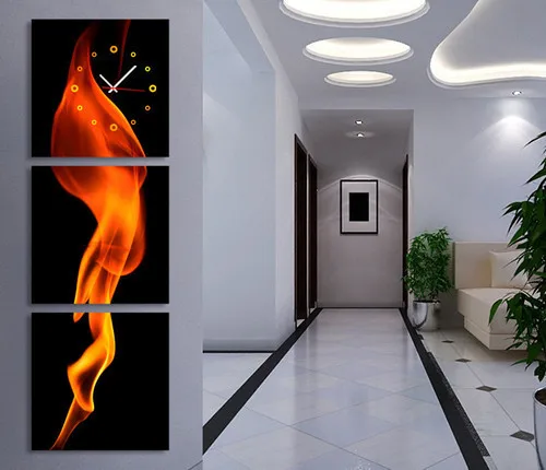 

Flame Modern Wall Decor Clock On Quality Canvas Prints Set Of 3 FRAMED 180x60cm