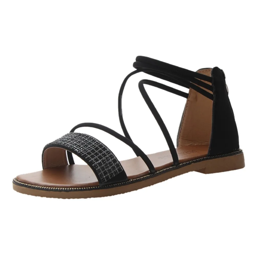 Женские сандалии со стразами на молнии повседневные пляжные до щиколотки с