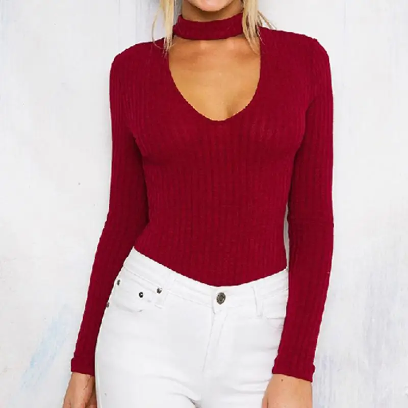 Sexy Deep V Neck Tight Sweater Women Spring Fall Winter Pink 5 Colors Knit Tops Solid Knitwear Ladies Jumper | Женская одежда
