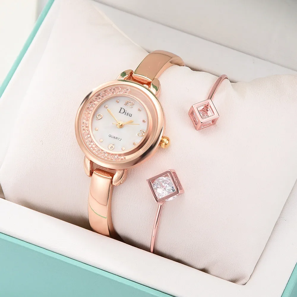 Rose Gold Роскошный светильник для девушек, темперамент, браслет, набор, цепочка, часы, подарок на день рождения, наручные часы, женские часы, reloj - Цвет: Rose Gold