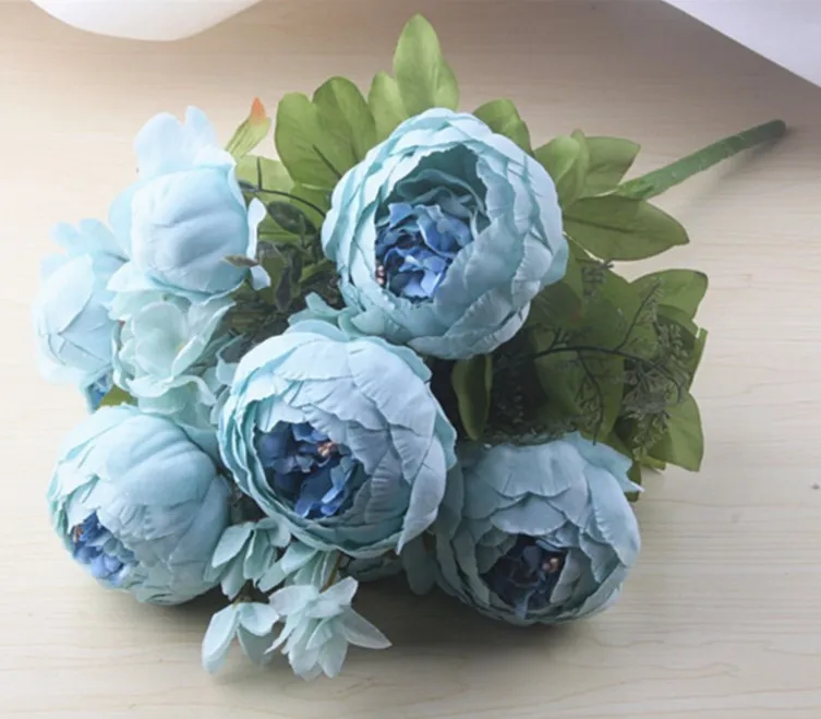 13heads Light blue 1 букет, 13 голов, Искусственный Пион, Шелковый цветок, искусственные цветы, осень, яркий пион, Искусственный лист, свадебное украшение для дома, вечеринки, Рождества - Цвет: 13heads Light blue