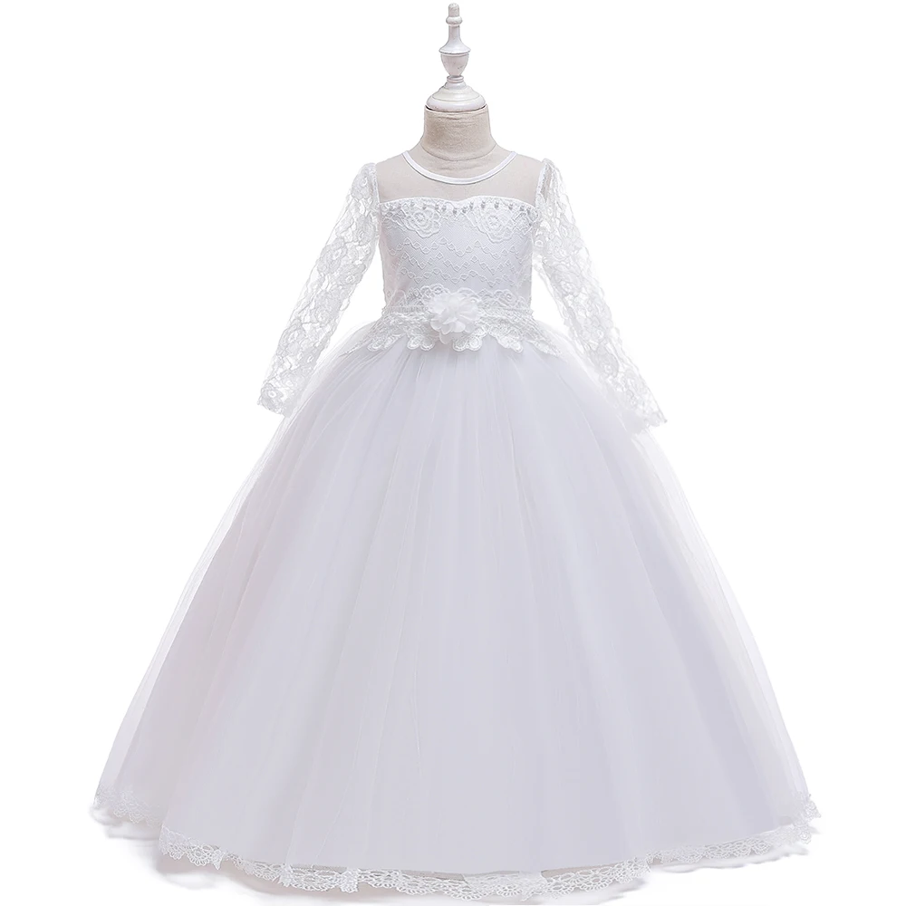 Elegant White Lace Bridesmai Dresses Flower Long Sleeve Tutu Wedding Dress for Girls Party Gown Children Princess Clothing 8 14Y | Детская