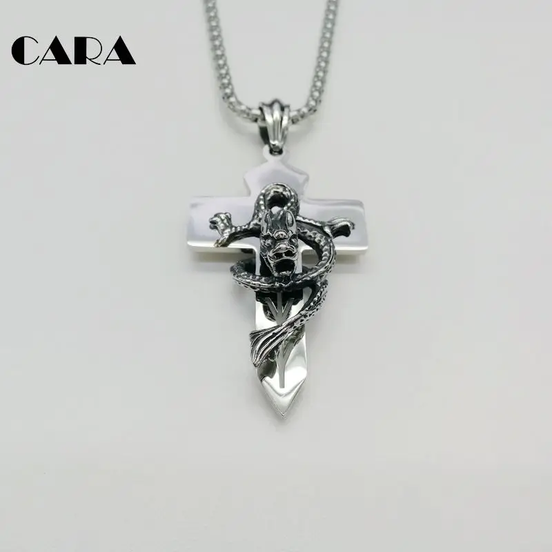2019 New high polished 316L Stainless steel 3D dragon Cross pendant necklace mens charm fashion CARA0303 | Украшения и аксессуары