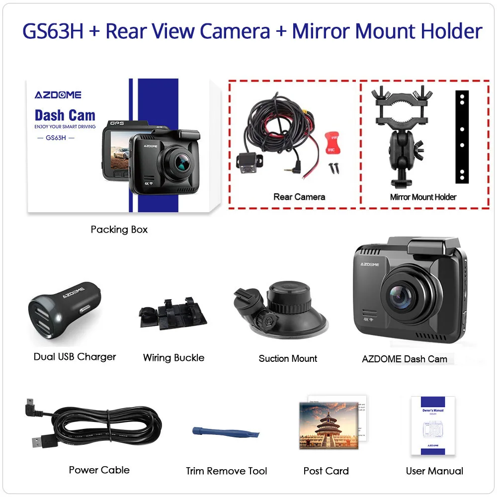 AZDOME GS63H двойной объектив Встроенный gps Wi Fi FHD 1080P спереди+ VGA сзади камера dvr автомобиля регистраторы 2160 P регистраторы Новатэк 96660 Dashcam - Название цвета: GS63H-RVC-MMH