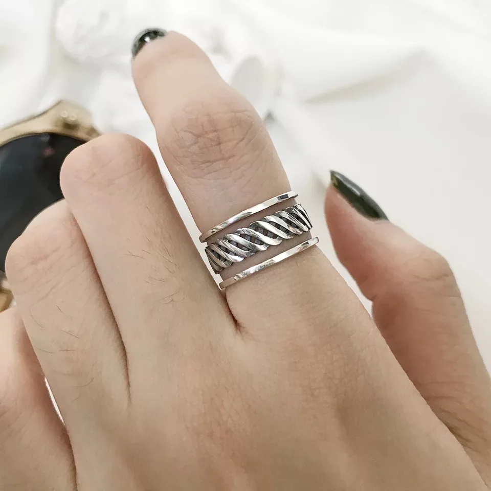 S925 sterling silver ring retro double line knotted opening adjustable trend personality men women girl hand jewelry | Украшения и