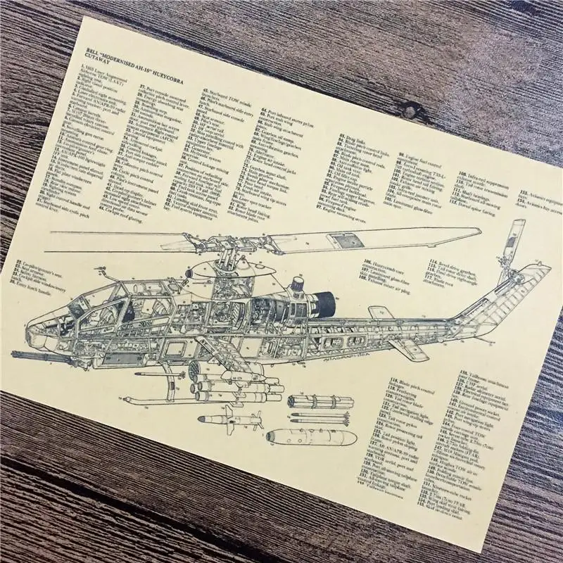 

SPF-254 "Helicopter exploded view" vintage kraft paper wall art sticker poster vintage pictures for house cafe bar 42x30 cm