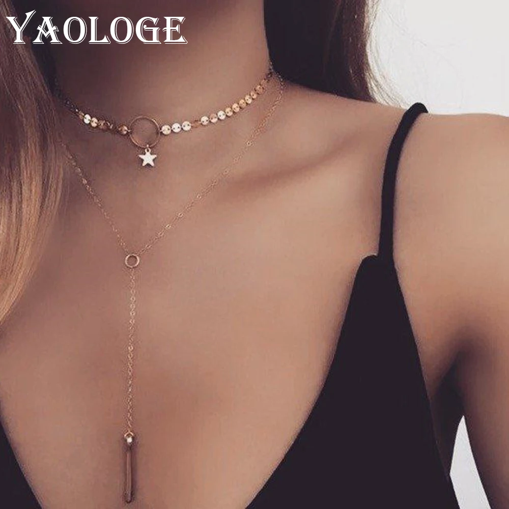 YAOLOGE хит продаж простое металлическое колье-чокер инкрустированные стразы