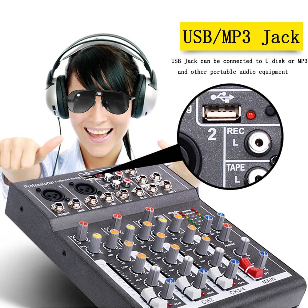 Горячая мини аудио Миксер с USB DJ звуковая микшерная консоль 4 канала 48В усилитель