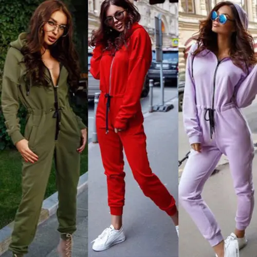 Women Autumn Casual Hooded Long Sleeve Drawrsing Loose Jumpsiut Ladies Solid Zipper Pocket Jumpsuits | Женская одежда