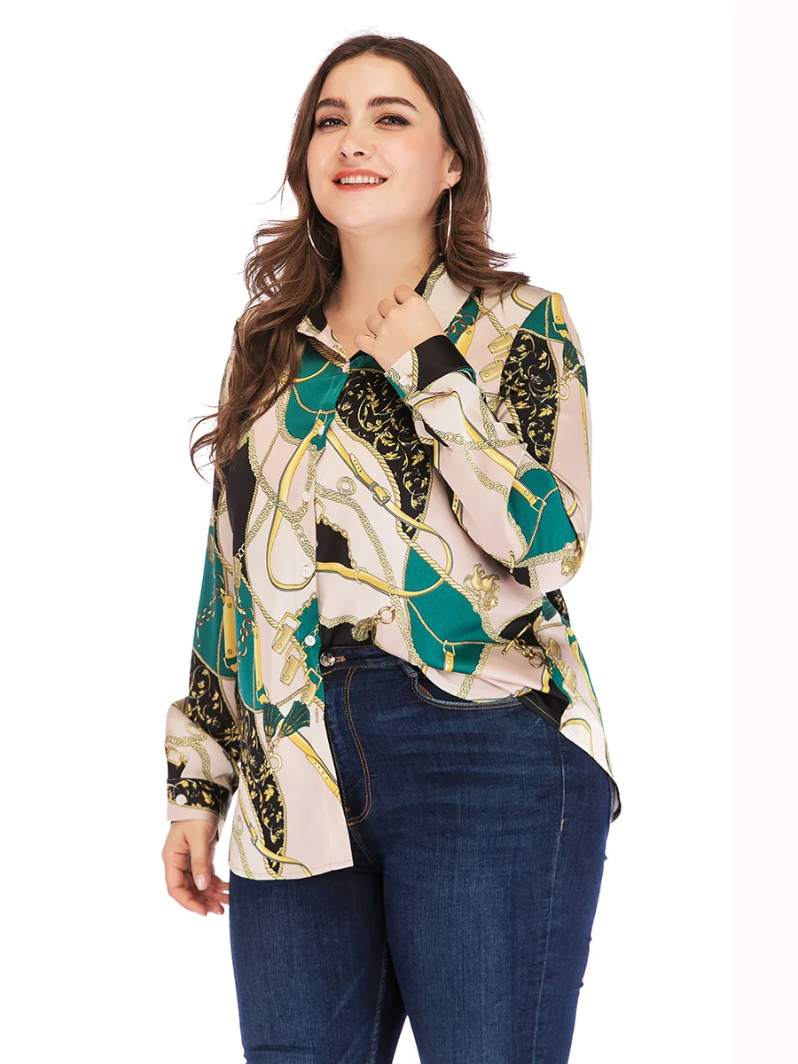 4XL 5XL размера плюс женские офисные рубашки женские летние рубашки с отложным воротником и длинным рукавом Зеленые женские блузки с цветочным принтом топы