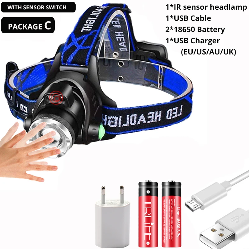 Package C Мощный налобный фонарь T6/L2/V6 перезаряжаемый светодиодный головной светильник датчик движения тела Головной фонарь для кемпинга светильник лампа для рыбалки - Испускаемый цвет: Package C