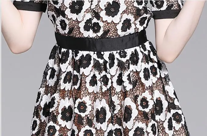 Женское кружевное платье с отложным воротником Элегантное черно белое ажурное