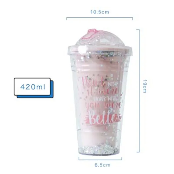 PINK Кофейные кружки, креативные, с блестками, со звездами, без бисфенола, пластиковая бутылка для воды с соломинкой, портативная, для чая, молока, изолированная чашка, посуда для напитков, 420 мл - Цвет: PINK