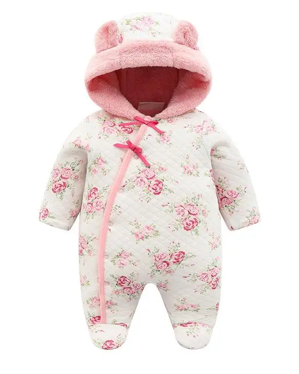 Белый Emotion Moms/новые зимние детские комбинезоны с капюшоном, розовый комбинезон для новорожденных и маленьких девочек, цельный комбинезон с цветочным рисунком - Цвет: Белый