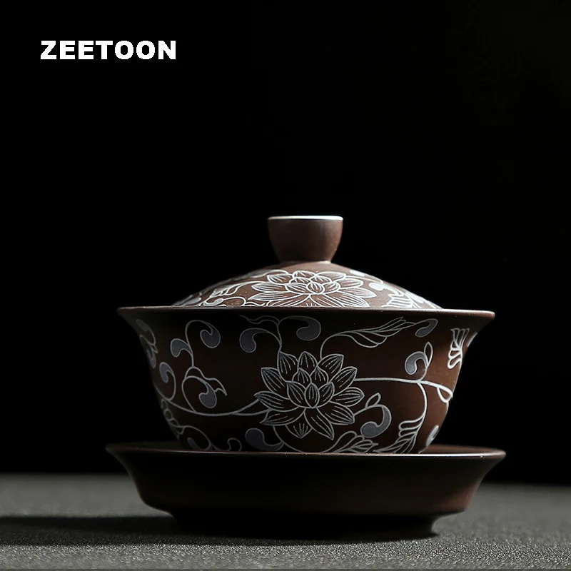 140 мл аутентичный Yixing Gaiwan Винтаж Ручная роспись пион фиолетовая глина чайный