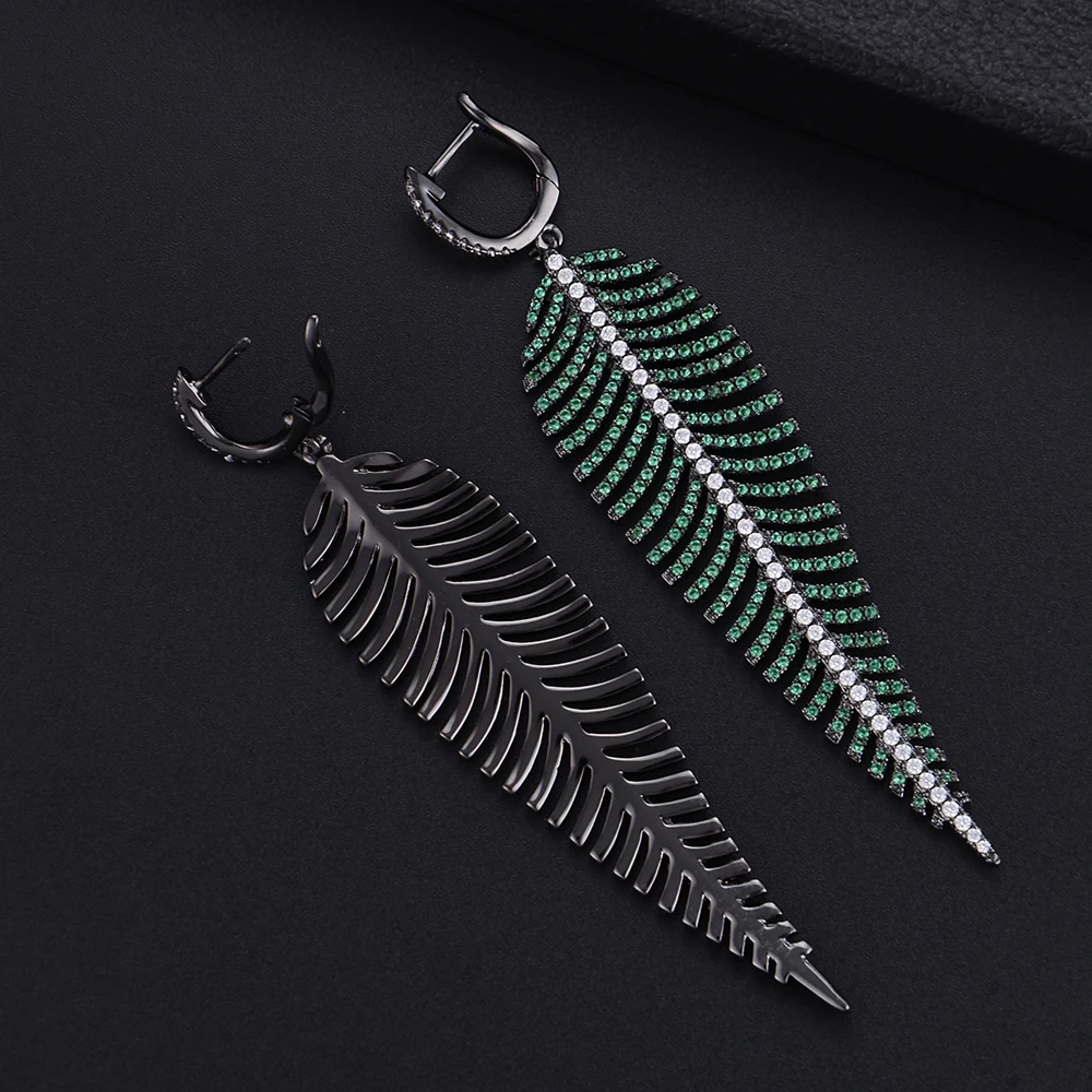 

Siscathy 86*20mm Trendy Feather Leaf Earrings For Women Charms CZ Inlaid Big Statement Pendant Dangle Drop Earrings Jewelry