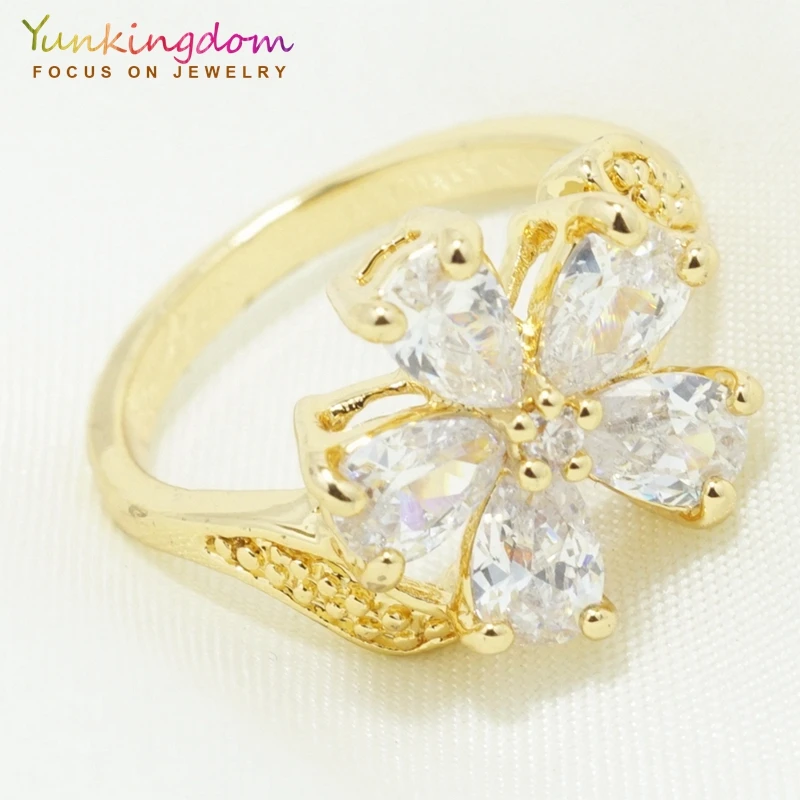 Женское кольцо с цветком Yunkingdom золотистое кристаллом из фианита вечерние