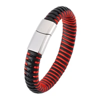 new red thread mixed black leather braided bracelet men jewelry punk stainless steel magnetic clasp bracelets bangles man sp0401