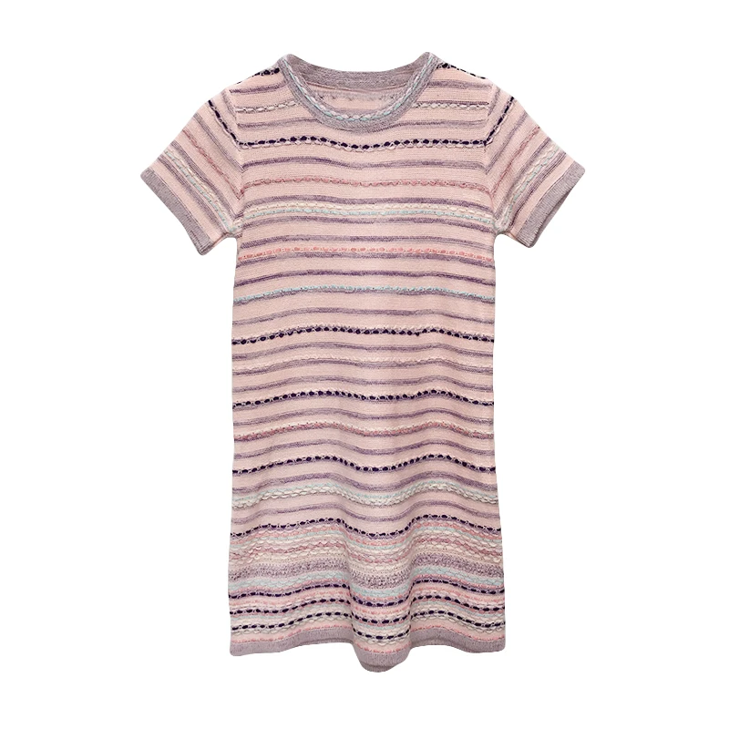 2019 Summer Vintage Stripe Dress Women Mini Knit Short Sleeve Colorful Striped Dresses Female Holiday Vestido Student | Женская одежда