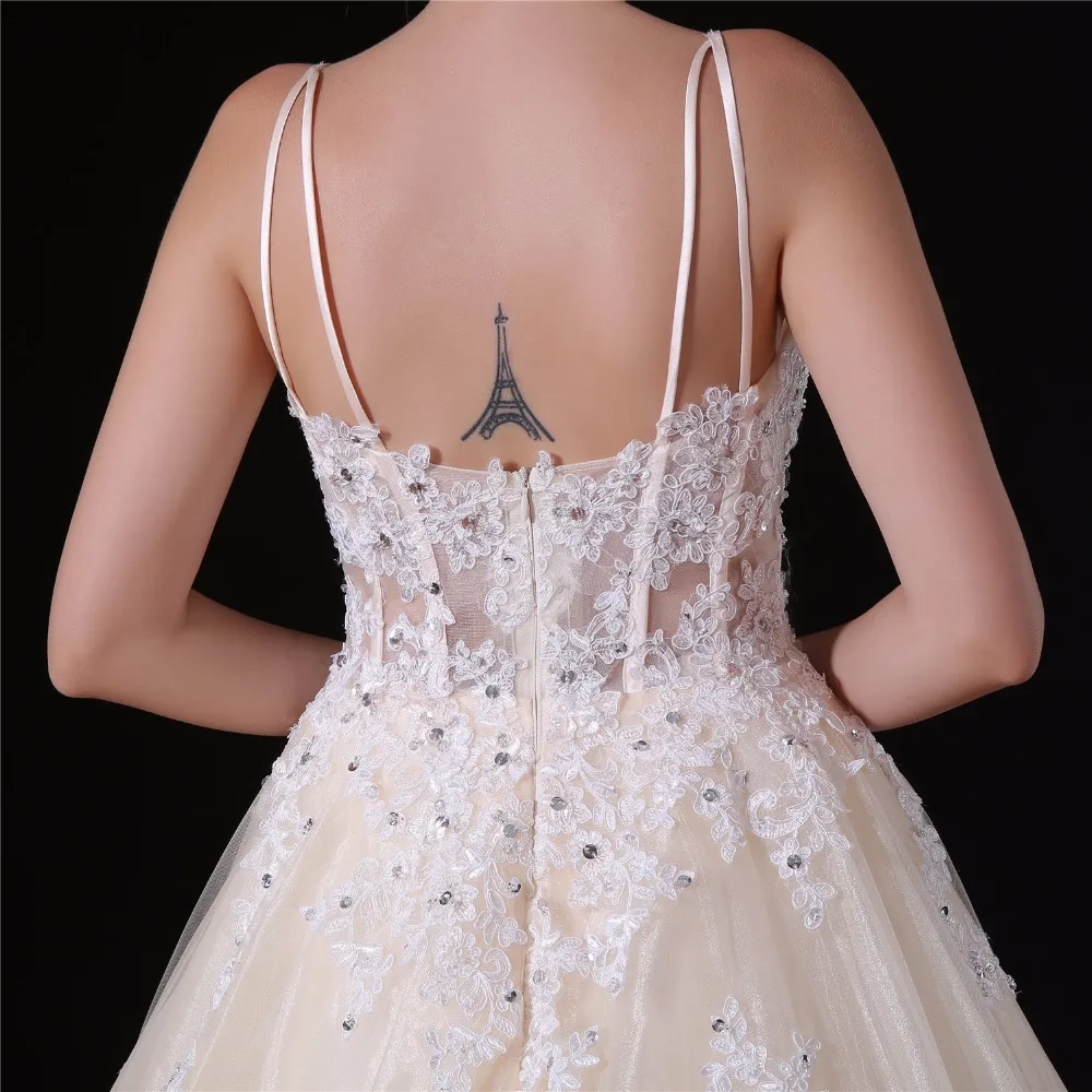 Шампанское Кружева свадебное платье 2018 Принцесса бальное на тонких бретелях