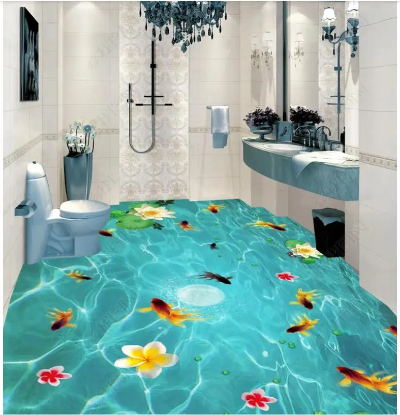 

WDBH custom photo 3d flooring pvc self adhesive wallpaper Lake goldfish petal lotus leaf home decor living room on the floor