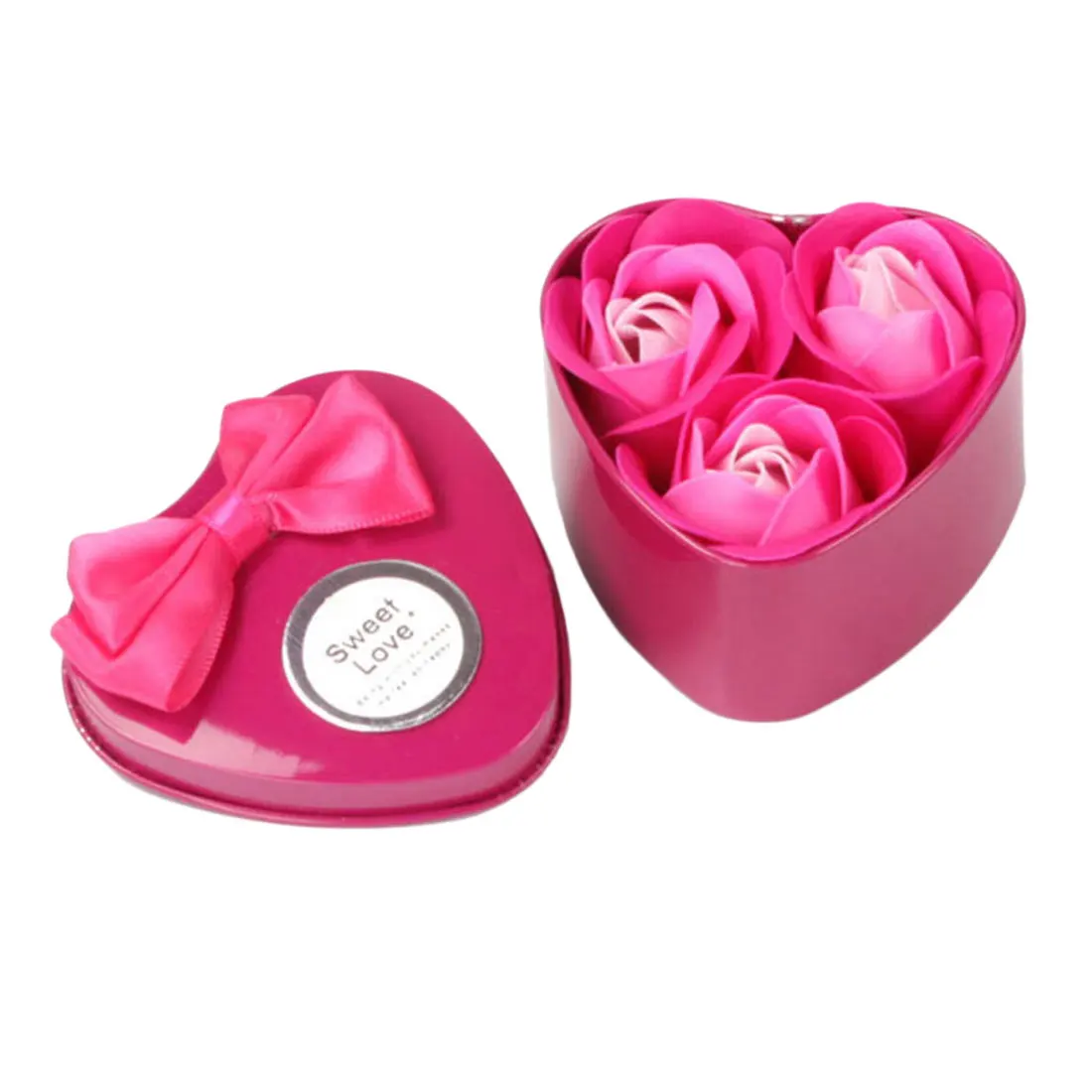 Purple 3Pcs Artificial Flower Rose Soap Flower Heart-Shaped Iron Box Scented Bath Body Petal Rose Small Gift Box